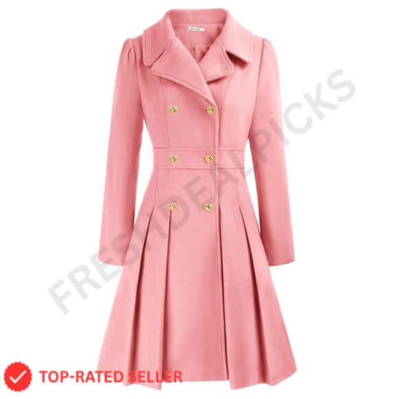 Women's Trench Coat Double Breasted Notch Lapel A-Line Pea Coat with Pockets